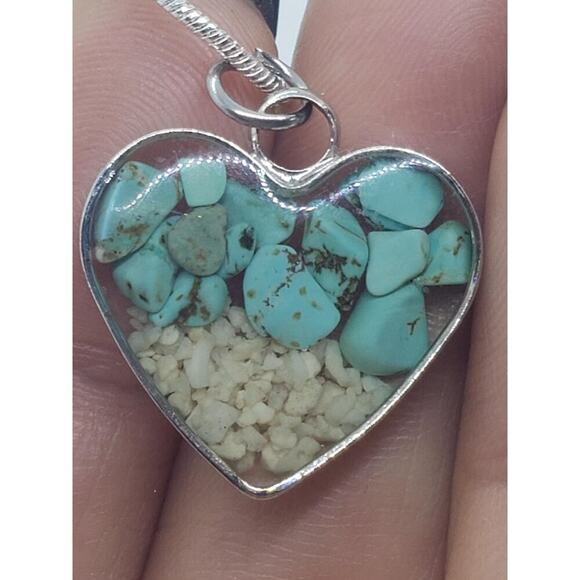 Heart Shaped Pendant Necklace Silver with Turquoise Chip & Beach Sand Inlay - Picture 6 of 14